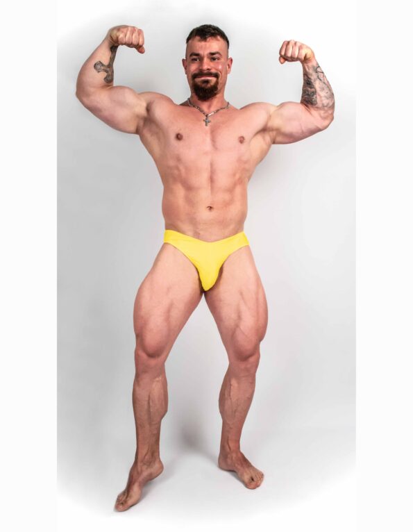 YELLOW BODYBUILDING TRUNKS IFBB, NPC ( DĹŽKA BOČNEJ STRANY 5CM )